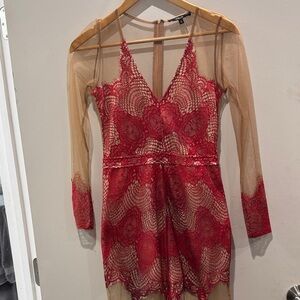 Black Label Red and Tan Lace Long Sleeve Dress